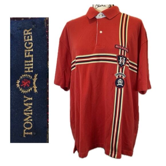 Y2K 90'S TOMMY HILFIGER POLO SHIRT LYON CREST EMBROIDERED PATCHES SZ XL ICONIC - Picture 1 of 16